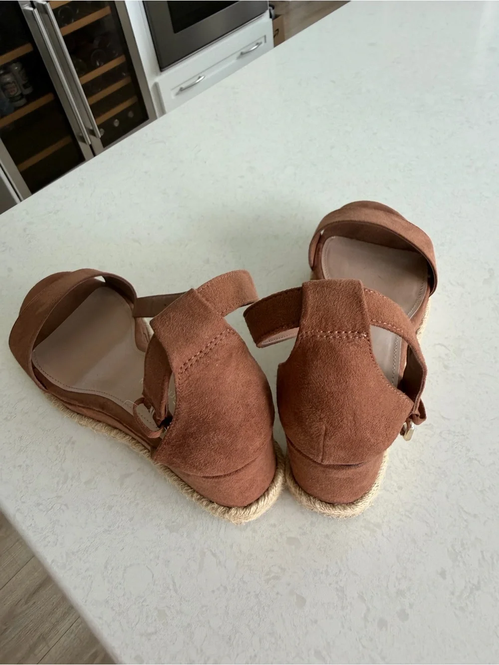 BCBGMaxAzria Tan Suede Ankle-Strap Espadrille Wedges